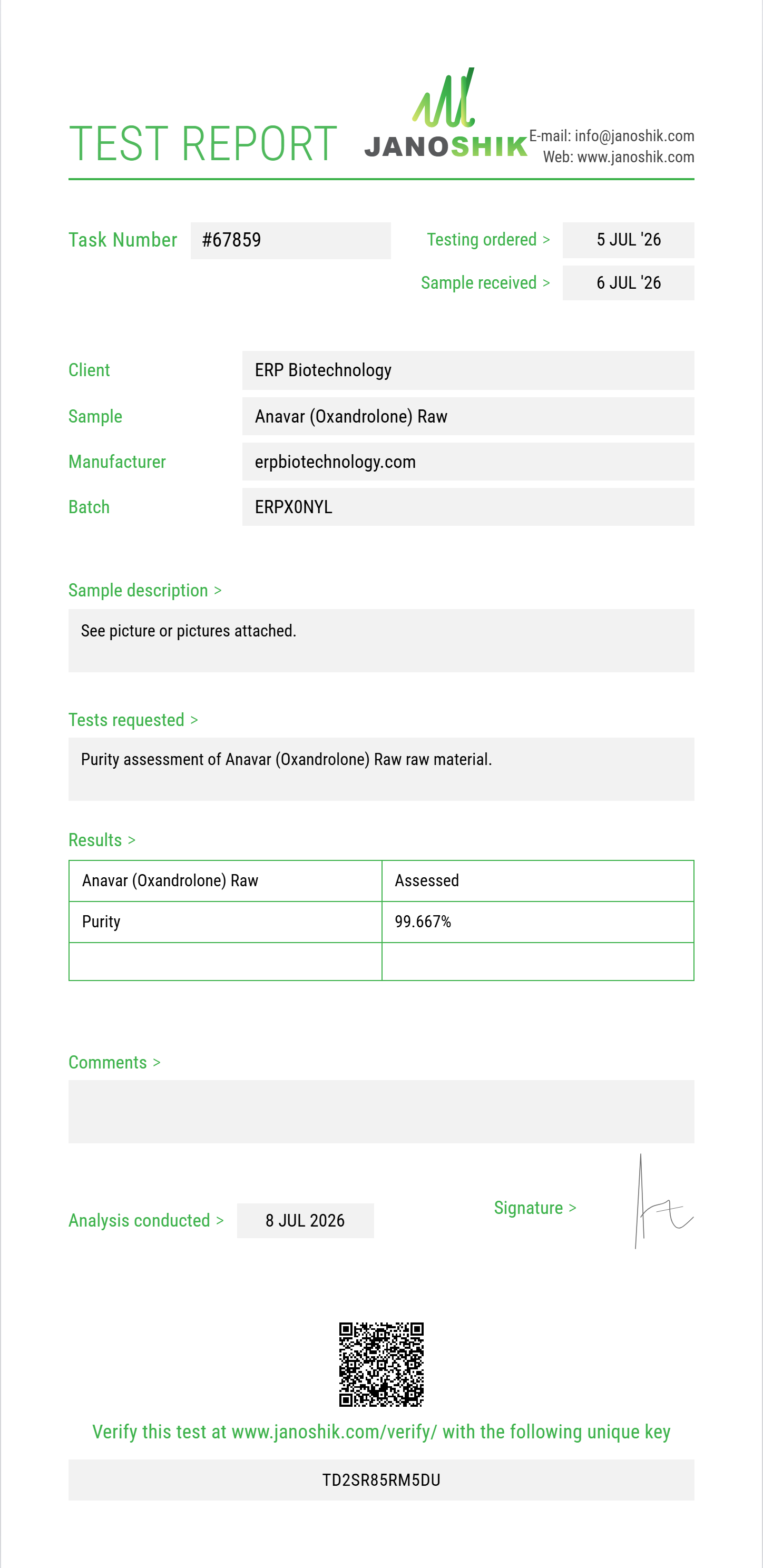 Anavar (Oxandrolone) Raw Purity (HPLC) report by Janoshik Analytical