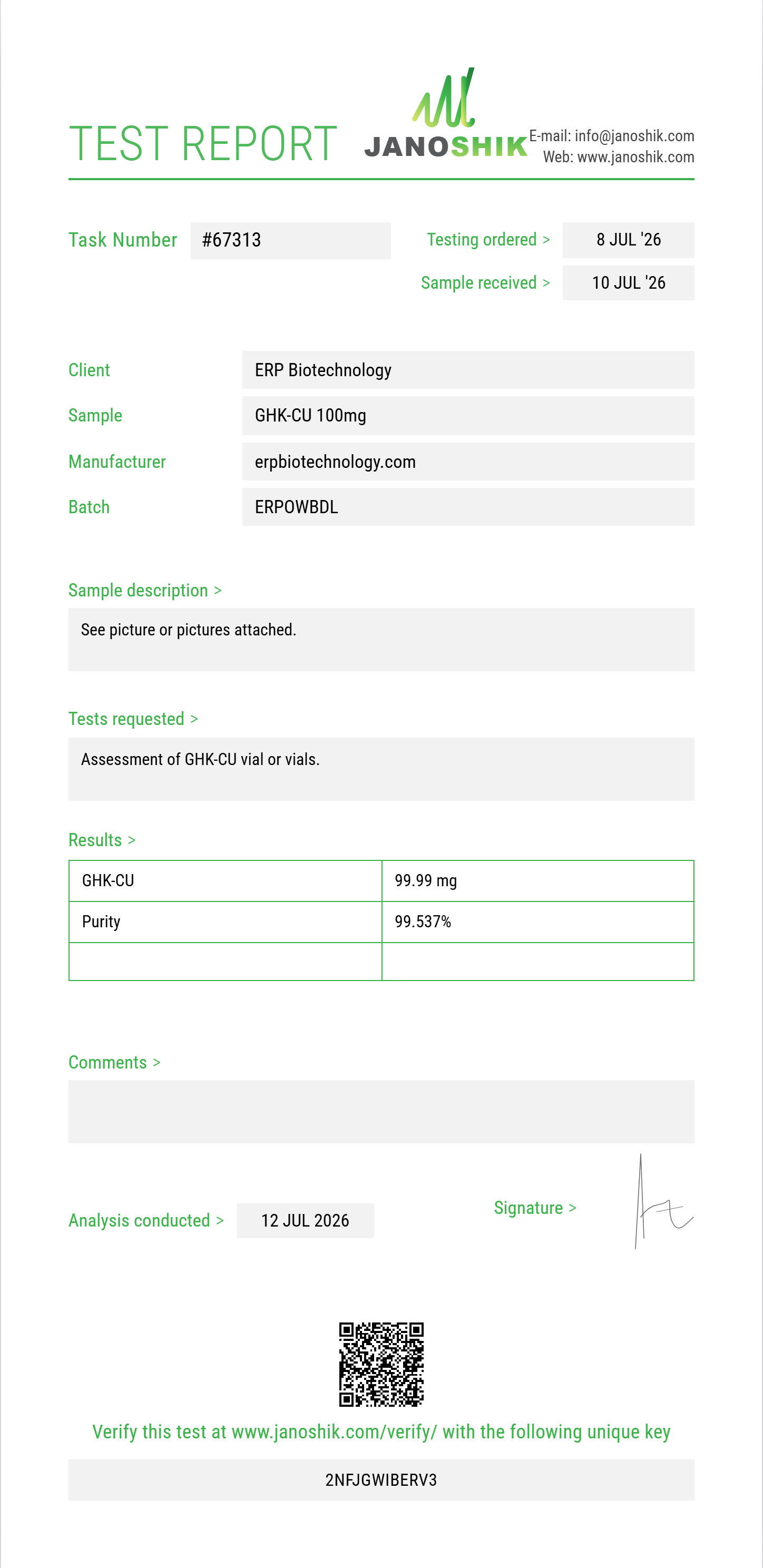 GHK-CU Purity (HPLC) report by Janoshik Analytical