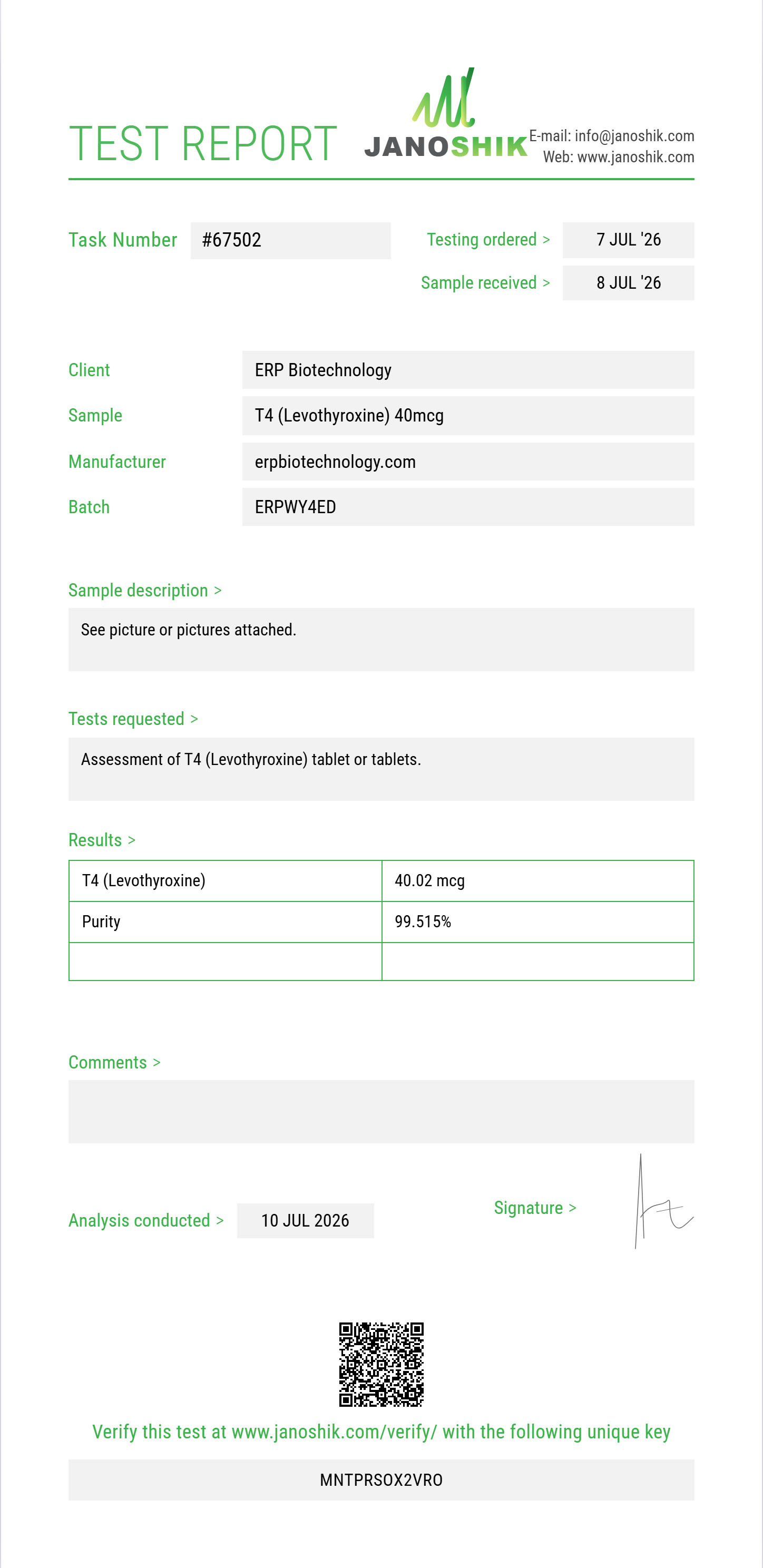 T4 (Levothyroxine) Purity (HPLC) report by Janoshik Analytical