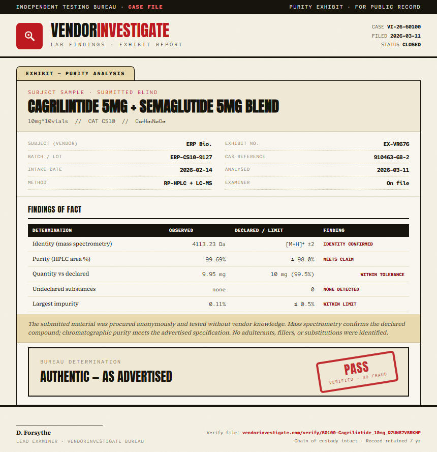 Cagrilintide 5mg + Semaglutide 5mg Blend Purity (HPLC) report by VendorInvestigator