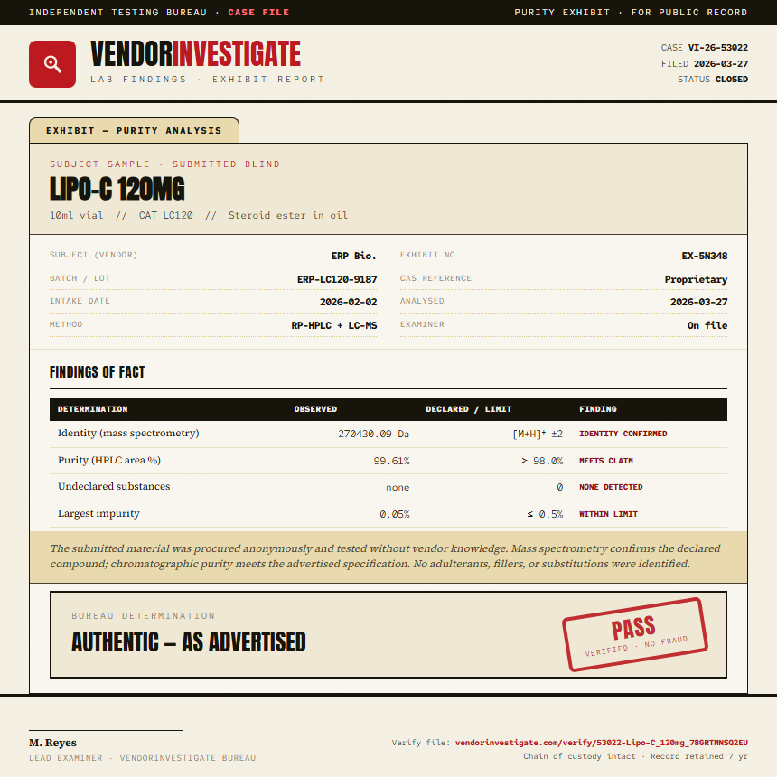 Lipo-C 120mg Purity (HPLC) report by VendorInvestigator