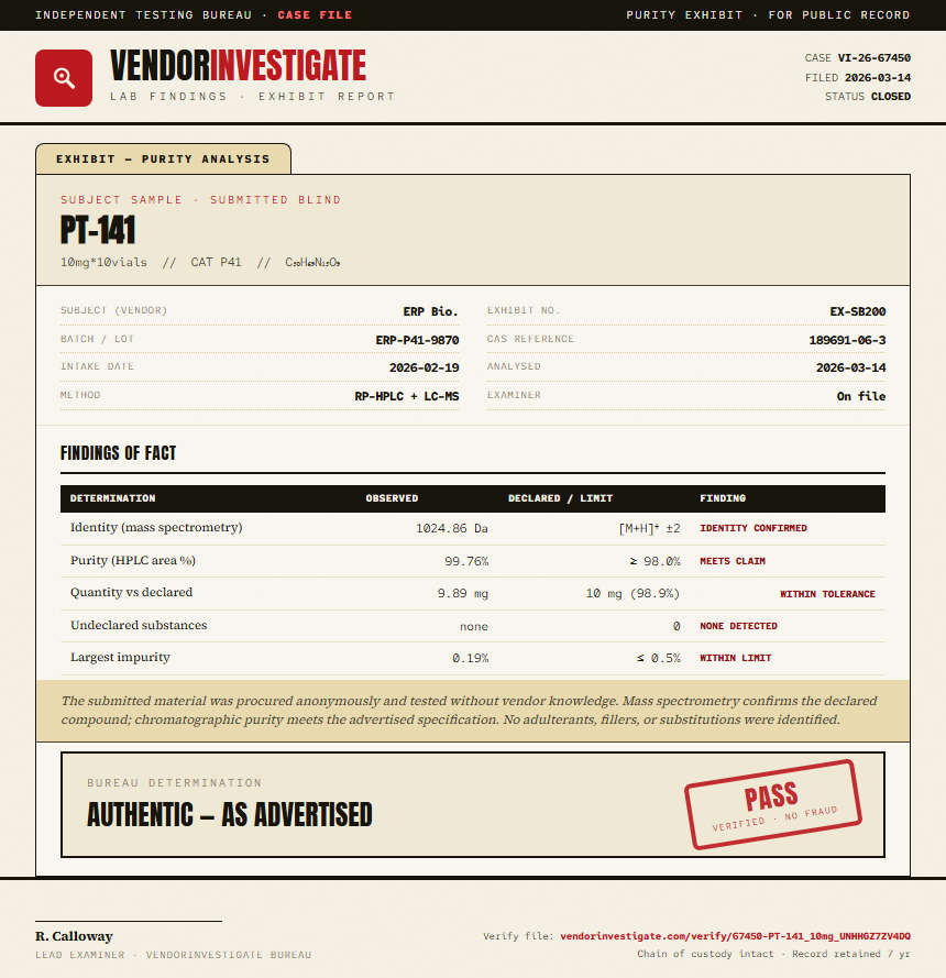 PT-141 Purity (HPLC) report by VendorInvestigator
