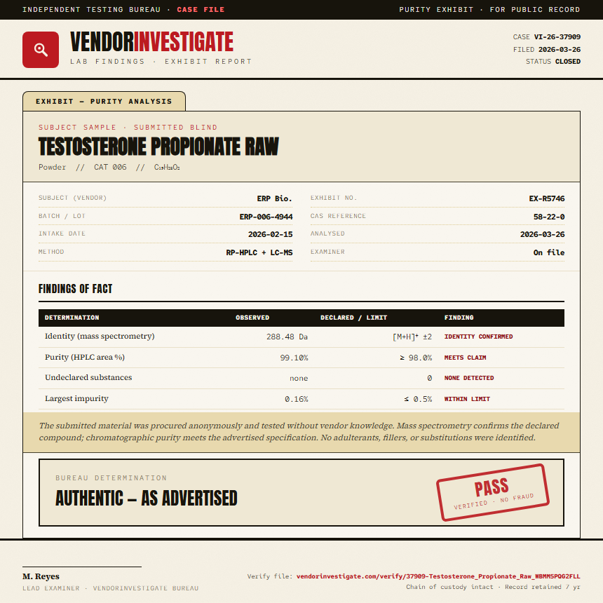 Testosterone Propionate Raw Purity (HPLC) report by VendorInvestigator
