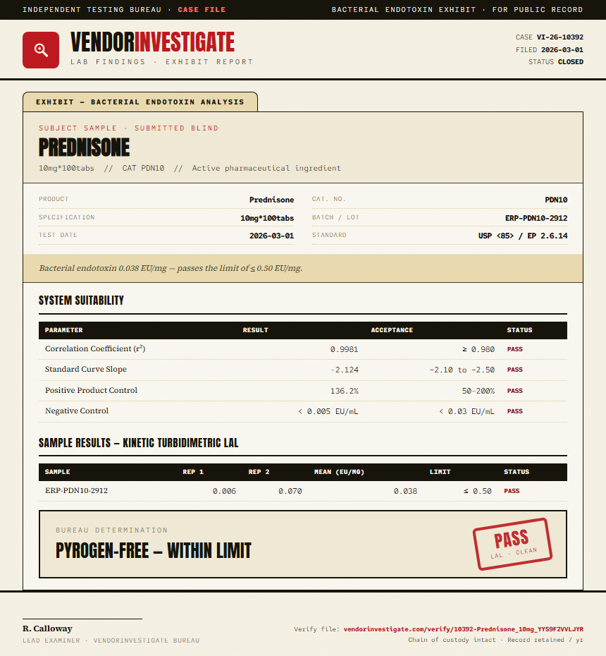 Prednisone Endotoxin report by VendorInvestigator