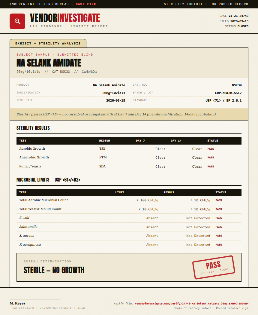 NA Selank Amidate Sterility report by VendorInvestigator
